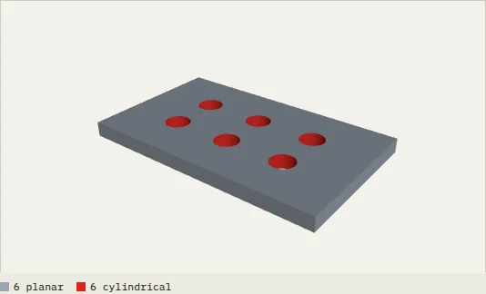 The plate sample, converted to STEP in the browser: 12 faces (6 planar, 6 cylindrical).