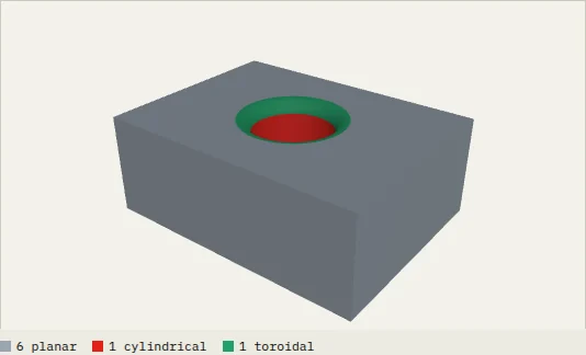 Block with a bore and a rim fillet, converted to STEP in the browser: 8 faces (6 planar, 1 cylindrical, 1 toroidal).