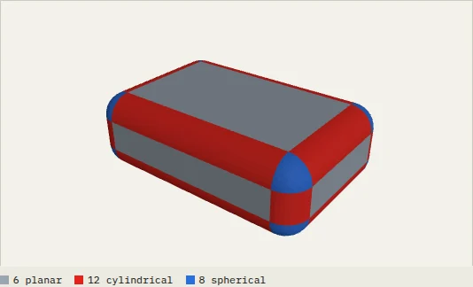 Box, R3 fillets on every edge, converted to STEP in the browser: 26 faces (6 planar, 12 cylindrical, 8 spherical).