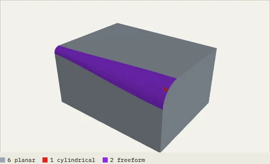 Variable-radius blend, 2 to 6 mm, converted to STEP in the browser: 9 faces (6 planar, 1 cylindrical, 2 freeform).
