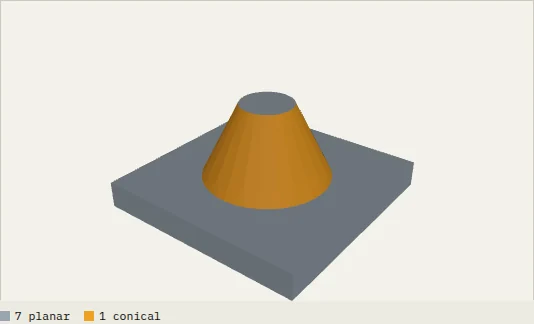 Cone on a plate, converted to STEP in the browser: 8 faces (7 planar, 1 conical).