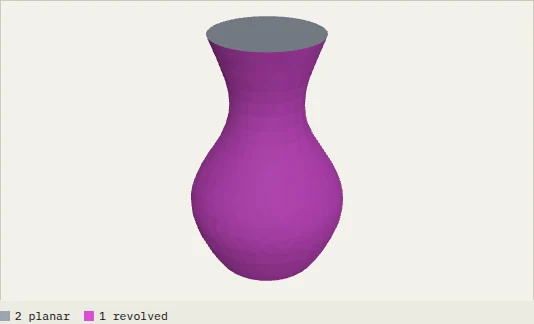 Vase, freeform profile, converted to STEP in the browser: 3 faces (2 planar, 1 revolved).