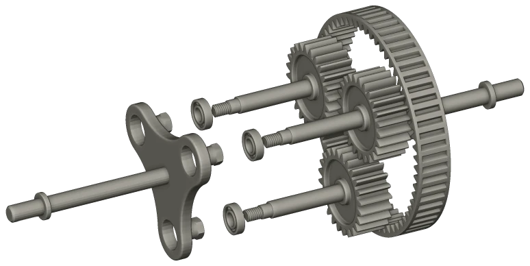 A planetary gearbox assembly exploded along its axis into ring gear, planets, carrier and sun