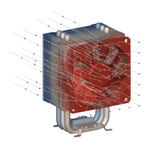 A tower heat sink painted by surface pressure, red at the fan face and blue through the fin stack, with air flowing along solved streamlines