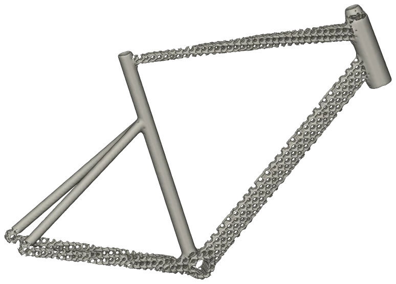 A bicycle frame in side view with its top tube, down tube and chainstays filled with an octet strut lattice