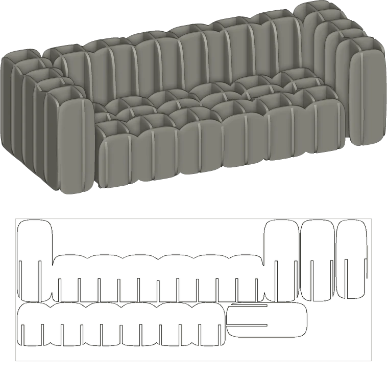 A couch built as an interlocking egg-crate of plywood slabs, above one nested sheet of the cut parts that build it