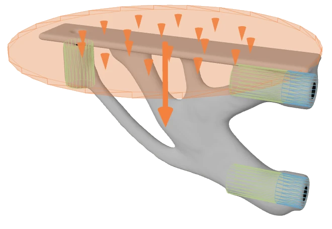 A shelf bracket reduced to branching load-path members, with the block it was cut from ghosted behind it and the load arrows still in place