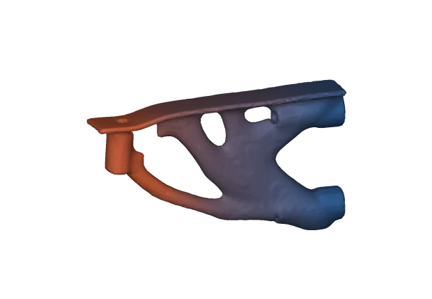 The shelf bracket bending under load, animated, coloured from blue where it is held to warm where it moves most